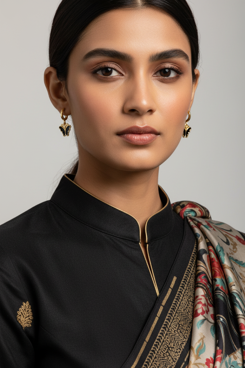Golden black onyx butterfly Drop Hoop earring