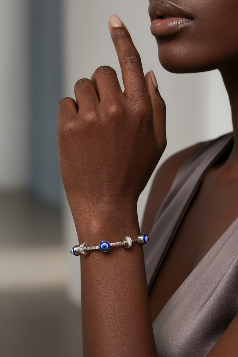 Evil Eye crystal Silver Bangle