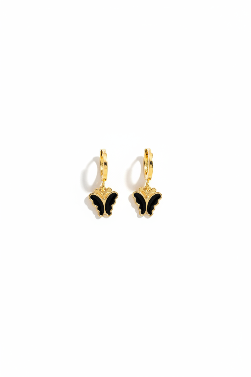 Golden black onyx butterfly Drop Hoop earring