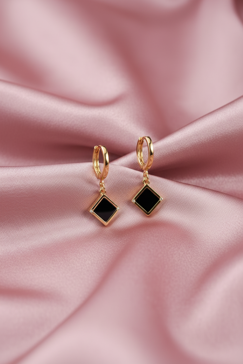 Golden black onyx Drop Hoop earring