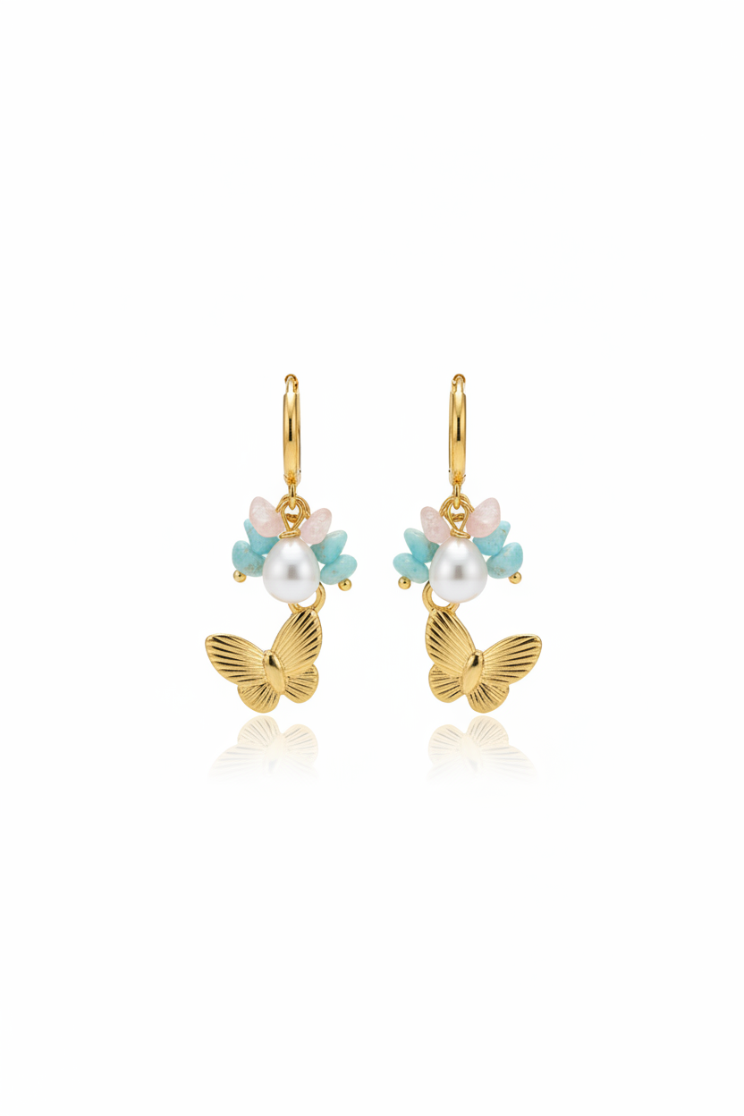 Korean Butterfly floral pearl charm Hoop Earring
