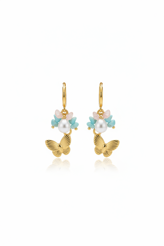 Korean Butterfly floral pearl charm Hoop Earring