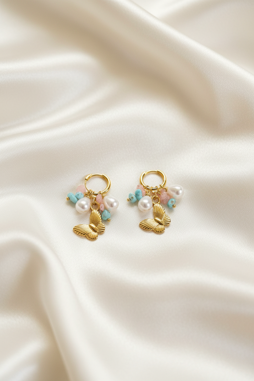Korean Butterfly floral pearl charm Hoop Earring