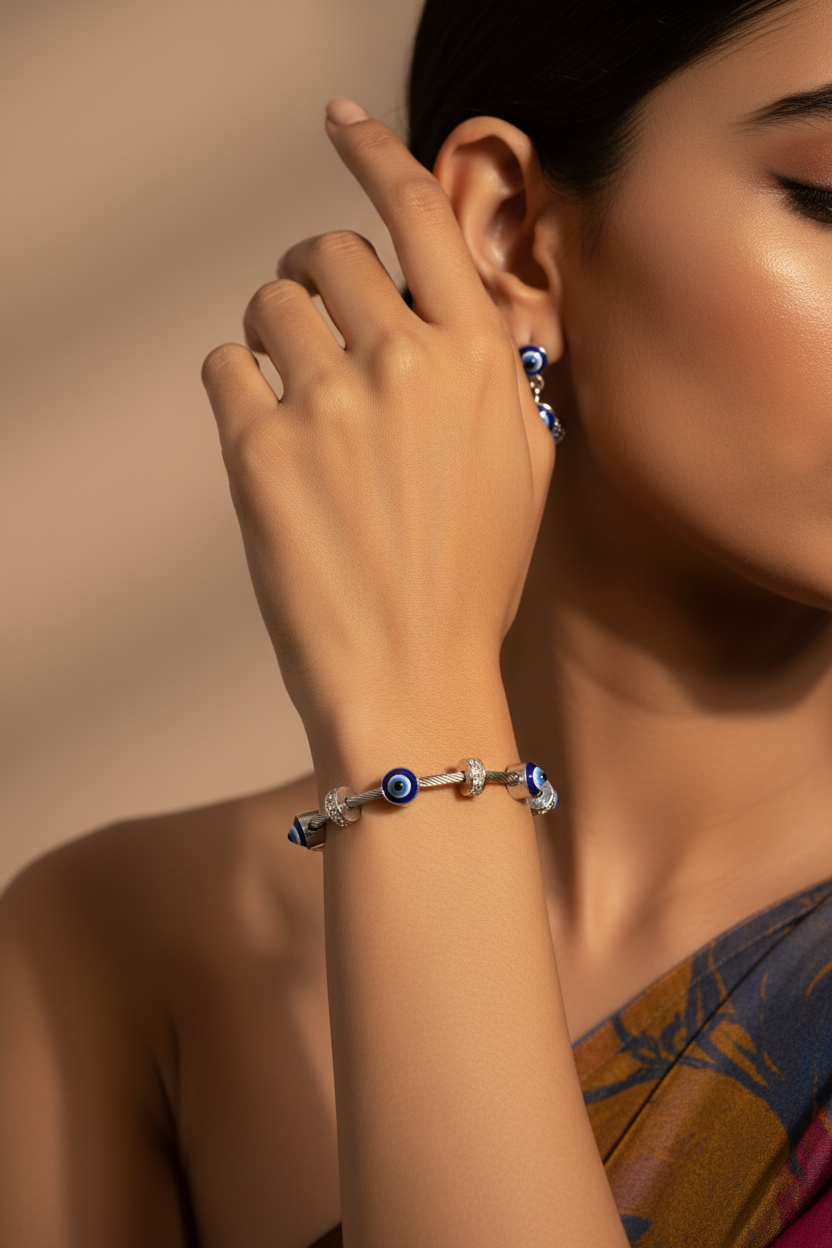Evil Eye crystal Silver Bangle