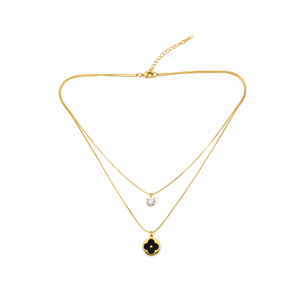 Golden Two Layered Black Pendent Necklace