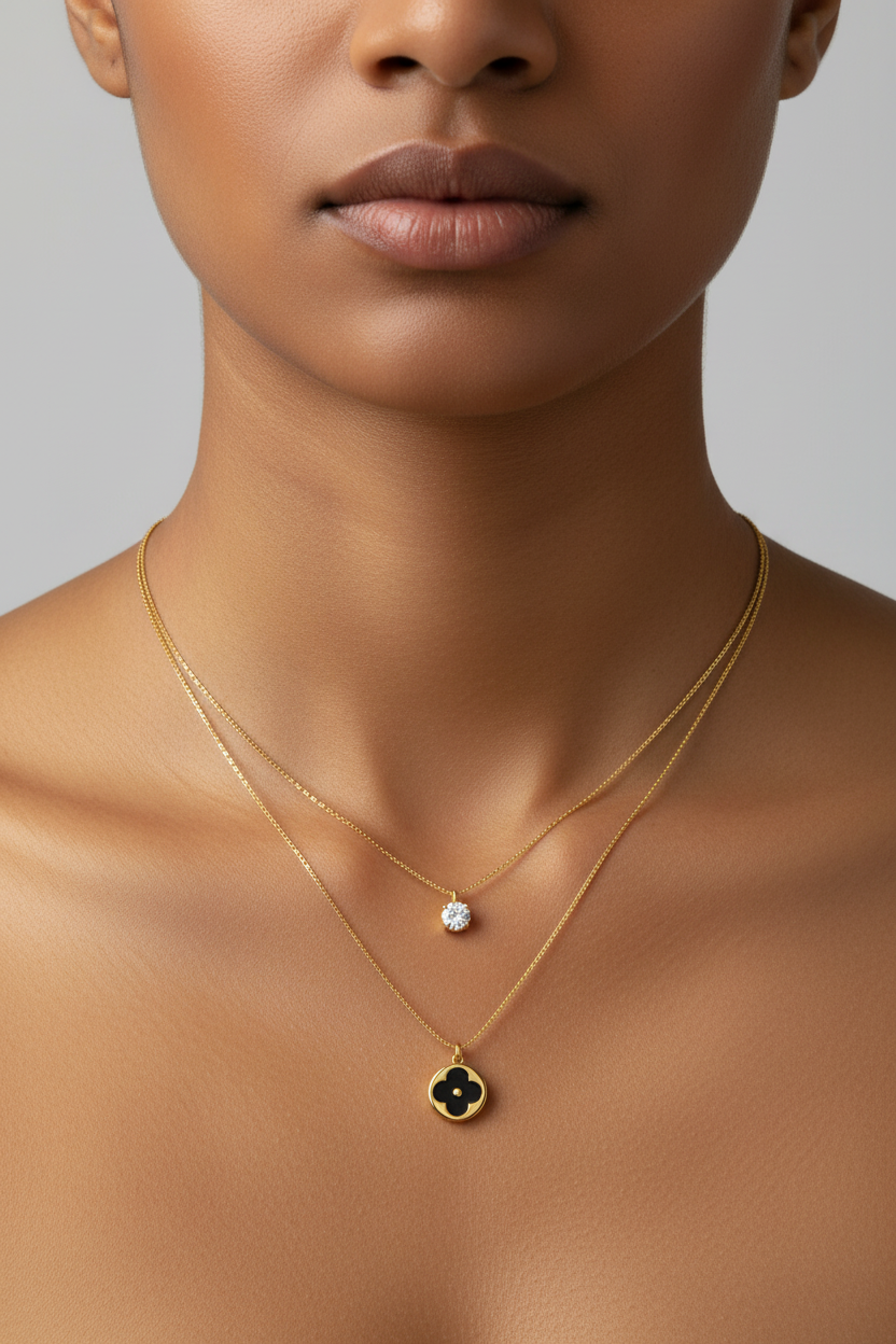 Golden Two Layered Black Pendent Necklace