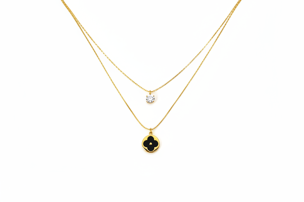 Golden Two Layered Black Pendent Necklace