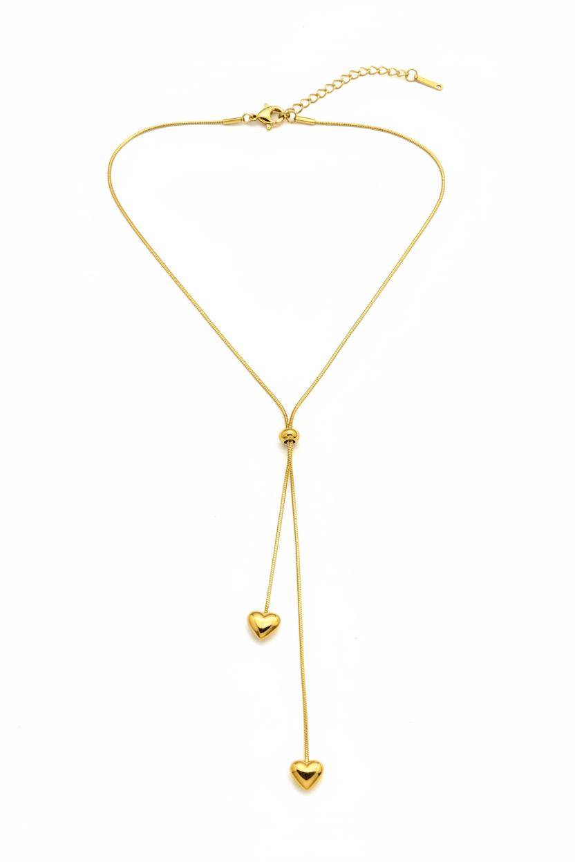 Golden Double Heart Drop Pendant Necklace