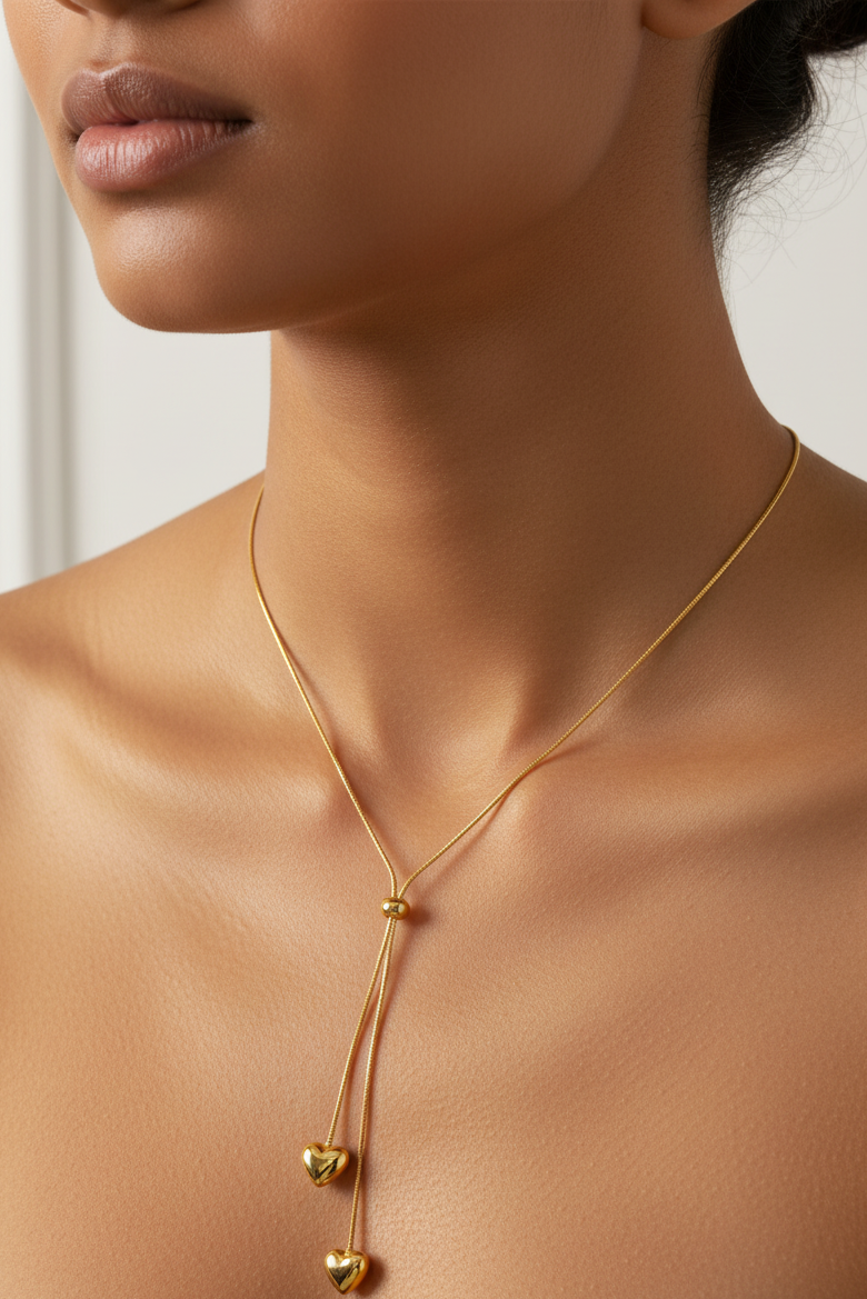 Golden Double Heart Drop Pendant Necklace