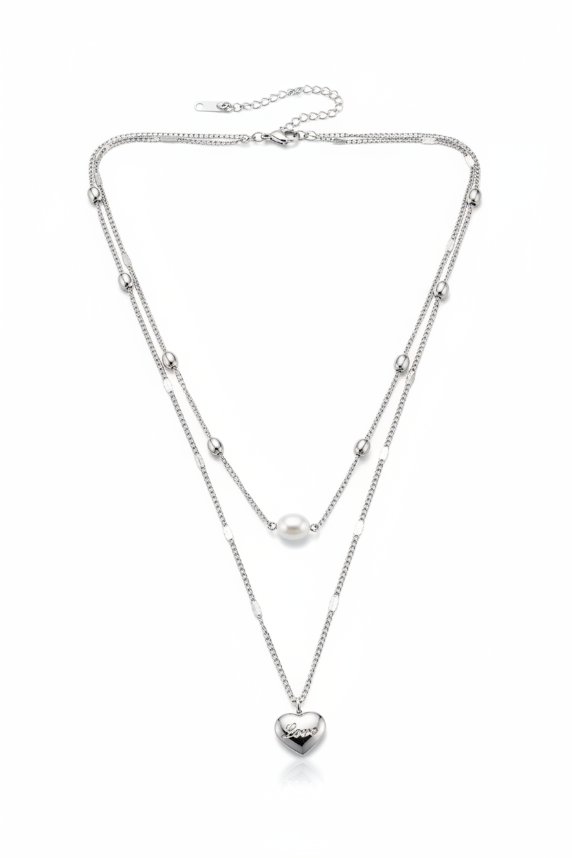 Silver Two Layered Heart Drop Pendant Necklace