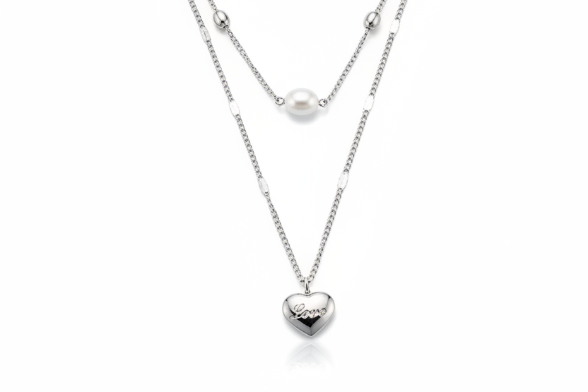 Silver Two Layered Heart Drop Pendant Necklace