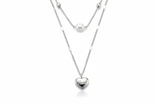 Silver Two Layered Heart Drop Pendant Necklace