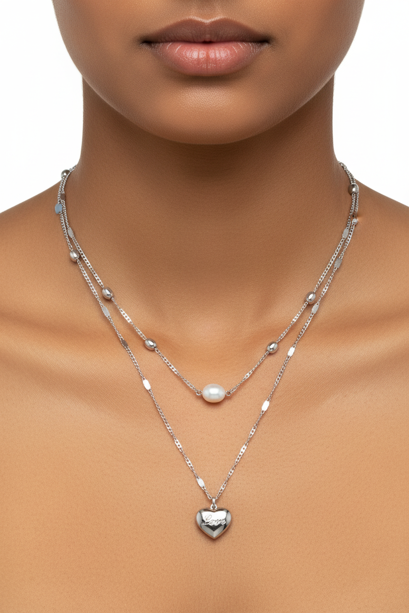 Silver Two Layered Heart Drop Pendant Necklace